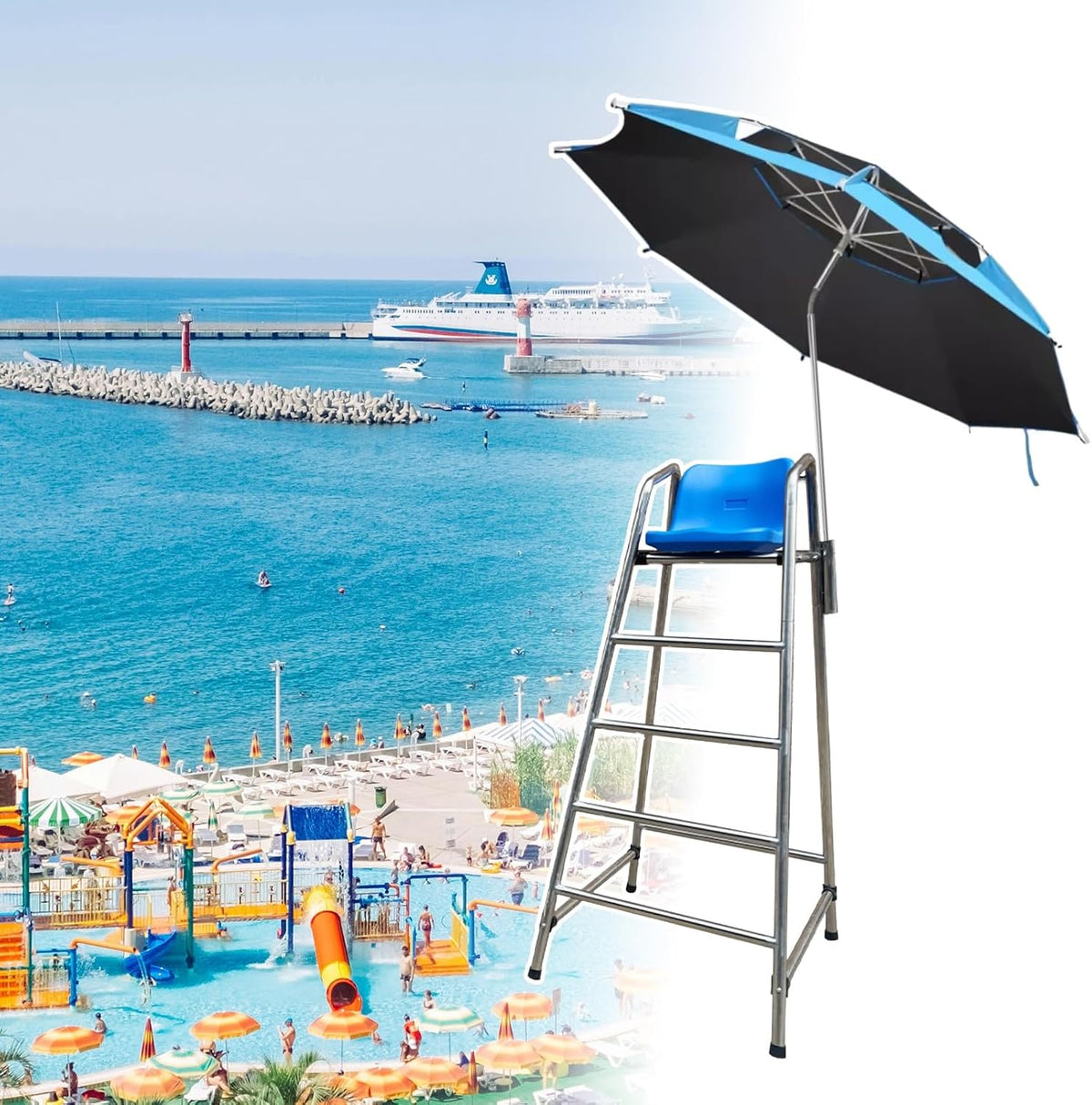 Detachable Stainless Steel Lifeguard Chair with Parasol - 70.8" Outdoor Observation Seat for Pools, Beaches, Waterparks & Referee Stand - Durable, Weather-Resistant Design,180cm (70.8")