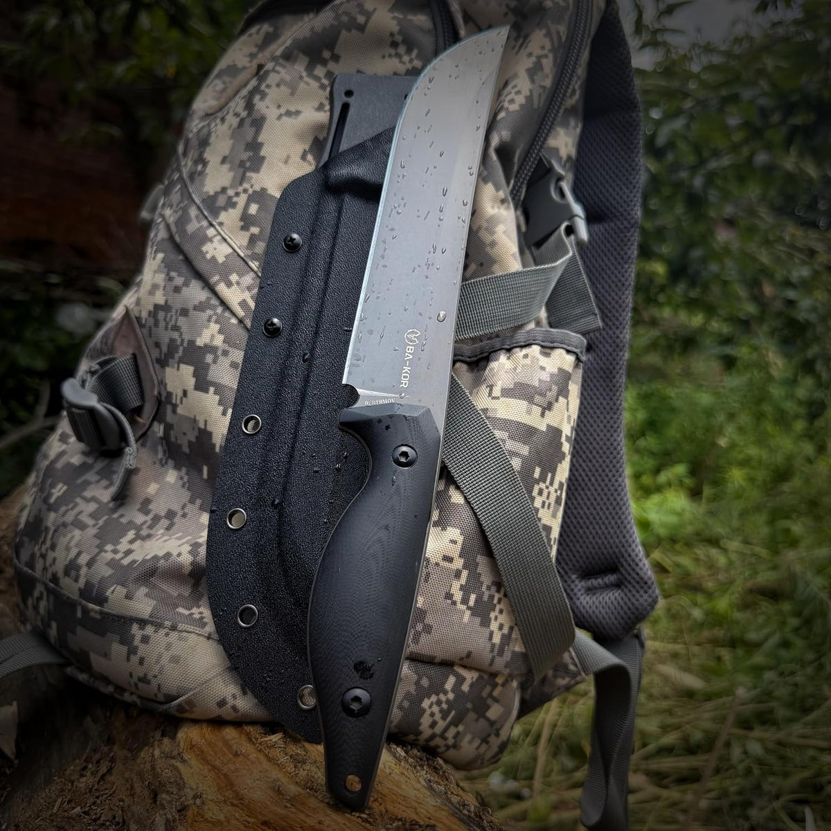BA-KOR 5MM (9CR18MOV) steel 12.8'' full tang Hunting knife +K sheathing &5.9" cerium igniter can be used outdoors for outdoor hunting, camping, obstacle clearing, wood chopping, BBQ, fishing, kitchen cutting, EDC tools, gifts (G10 Black-C, Inches, 12.8)