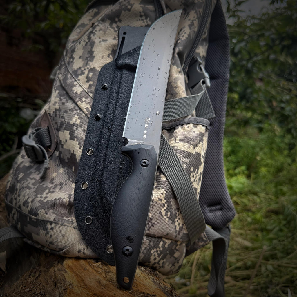 BA-KOR 5MM (9CR18MOV) steel 12.8'' full tang Hunting knife +K sheathing &5.9" cerium igniter can be used outdoors for outdoor hunting, camping, obstacle clearing, wood chopping, BBQ, fishing, kitchen cutting, EDC tools, gifts (G10 Black-C, Inches, 12.8)