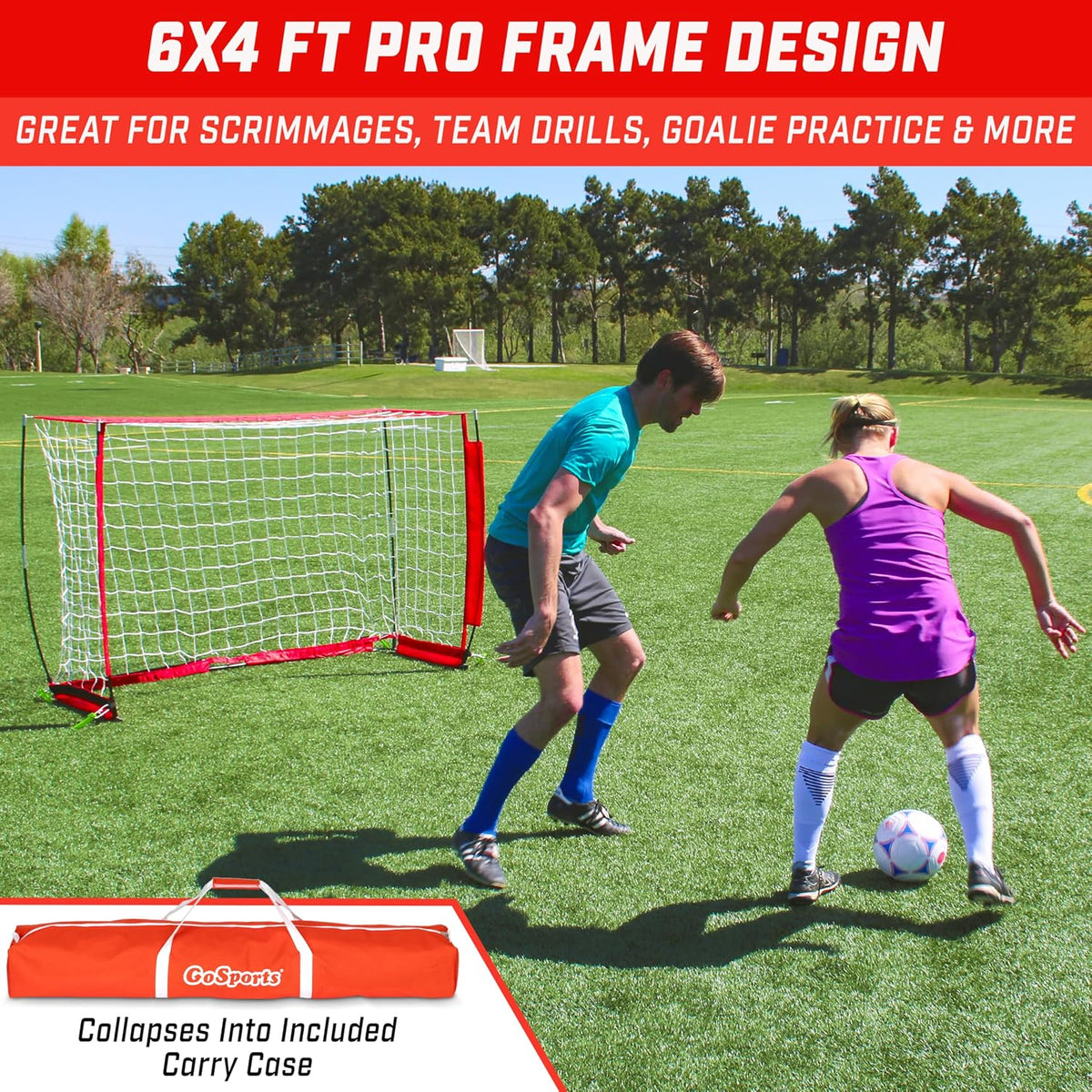 GoSports Elite Soccer Goals - 12 x 6 ft and 6 x 4 ft Portable Soccer Nets for Games or Practice - Includes 6 Cones, Carrying Case, and Ground Stakes