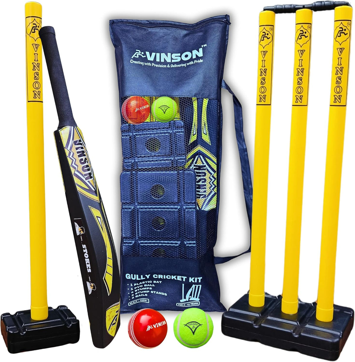 Vinson Junior Cricket Kit Set - Pack Includes Stumps, Wickets, Stands, Bat and Ball | Durable Constructions & Designed for Juniors | Indoor & Outdoor Cricket Playing Set for Kids | Birthday Gift