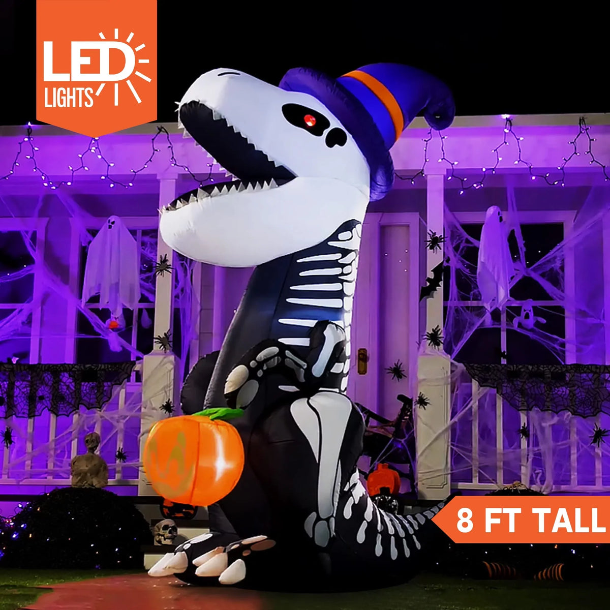 Joiedomi Halloween 8 FT Inflatable Skeleton Dinosaur with Build-in LEDs Blow Up Inflatables for Halloween Party Indoor, Outdoor, Yard, Garden, Lawn Decorations