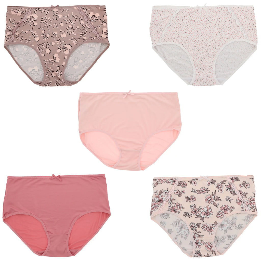 Delta Burke Intimates Women's Plus Size Sexy Classic High Rise Brief Panties (5Pr) (Large, Pink Floral Dots)
