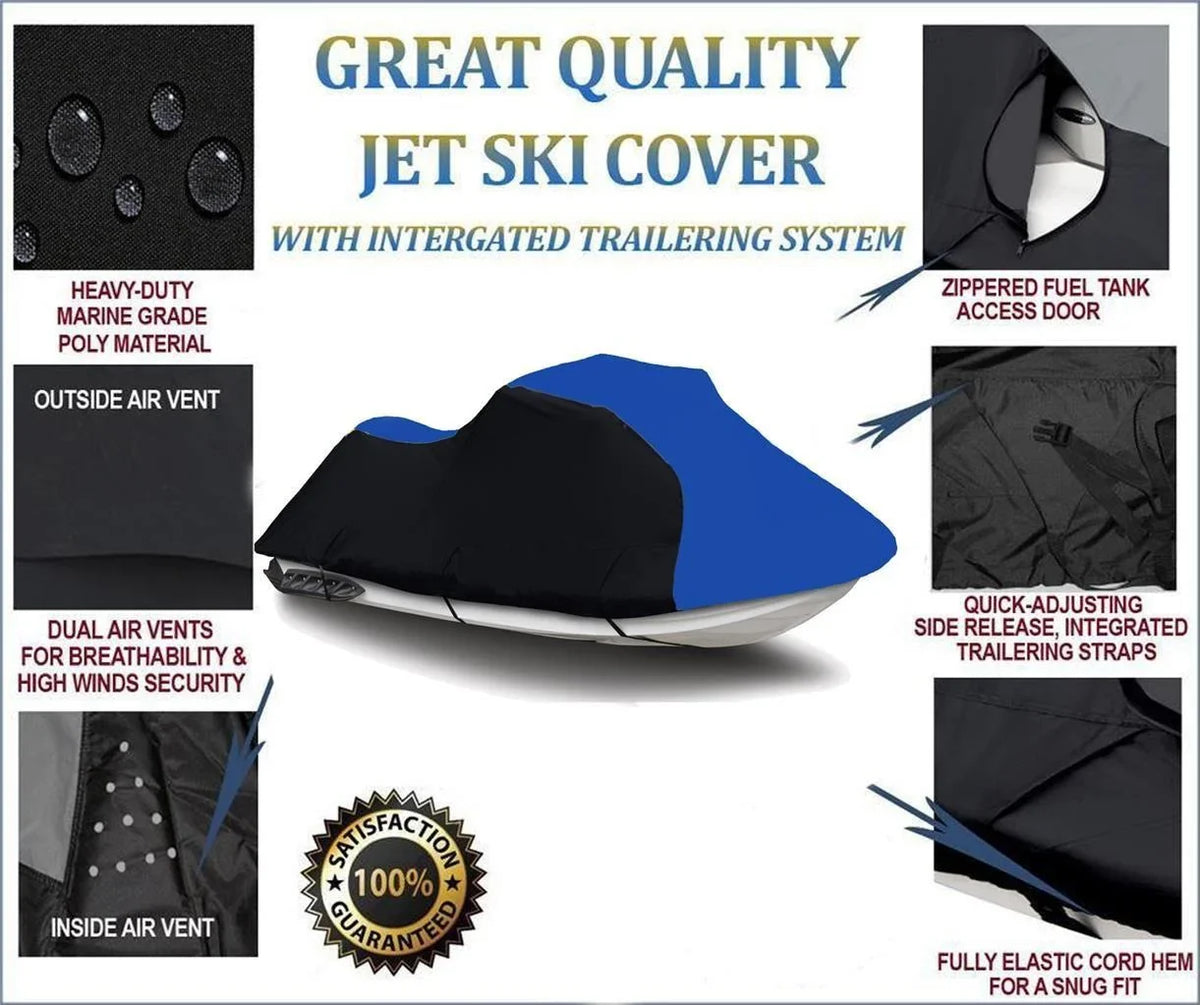 BLACK / BLUE HEAVY-DUTY Cover Compatible for KAWASAKI STX 1100 1997 1998 1999 Jet Ski Trailerable Cover