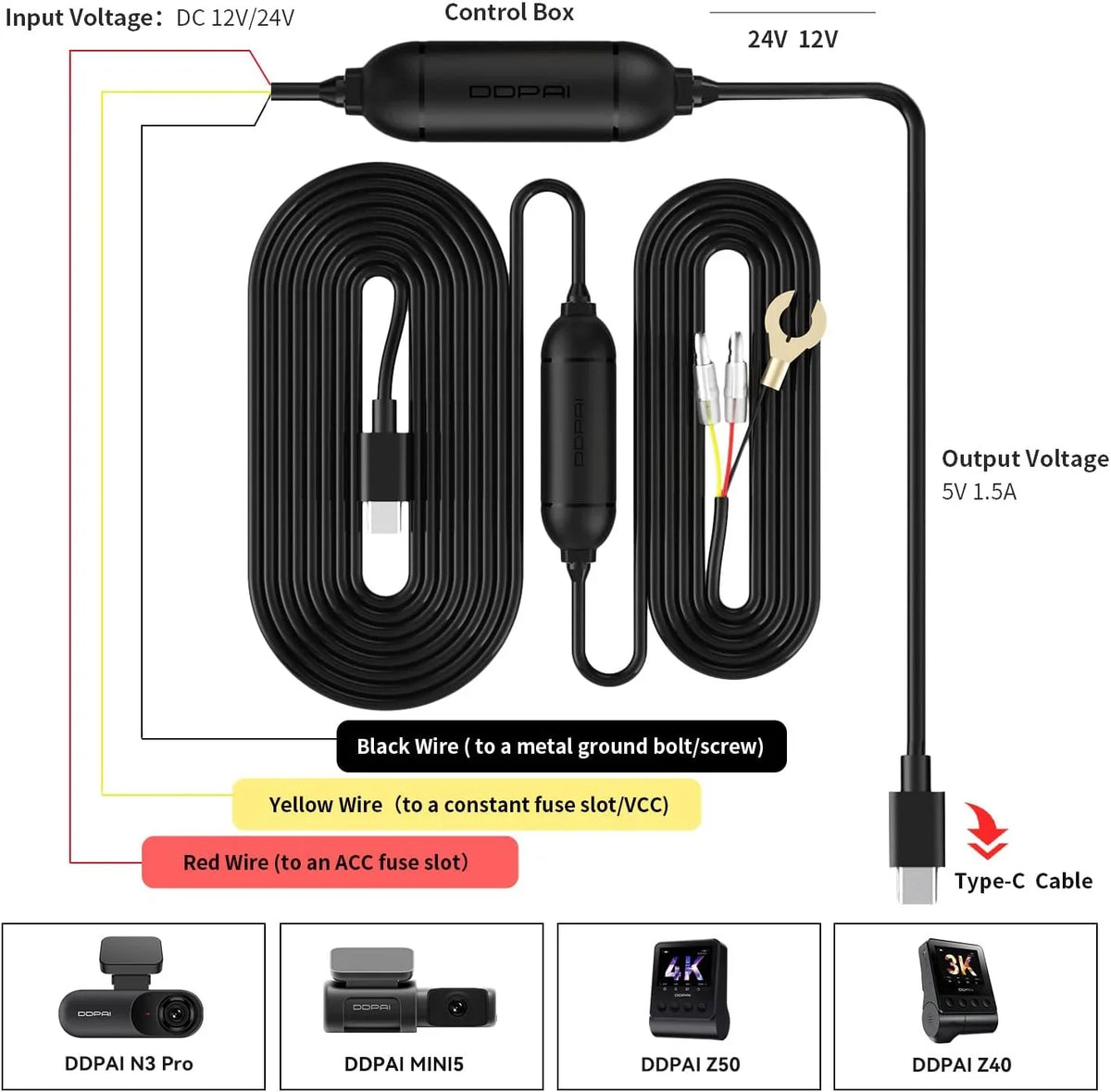 DDPAI Dash Cam Hardwire Kit, Compatible for Mola N3 Pro/ Z50 Dash Cam/Mini 5 Dash Cam/ Z40 Dash Cam Hard Wire Kit Fuse for Dashcam in Type-C Port, Plozoe 12V-24V to 5V Car Dash Camera Charger